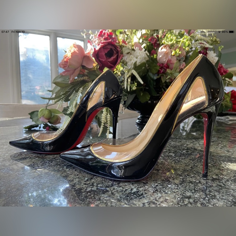 Christian Louboutin Cosmo Black Patent and Gold Euro 41 100mm Heels